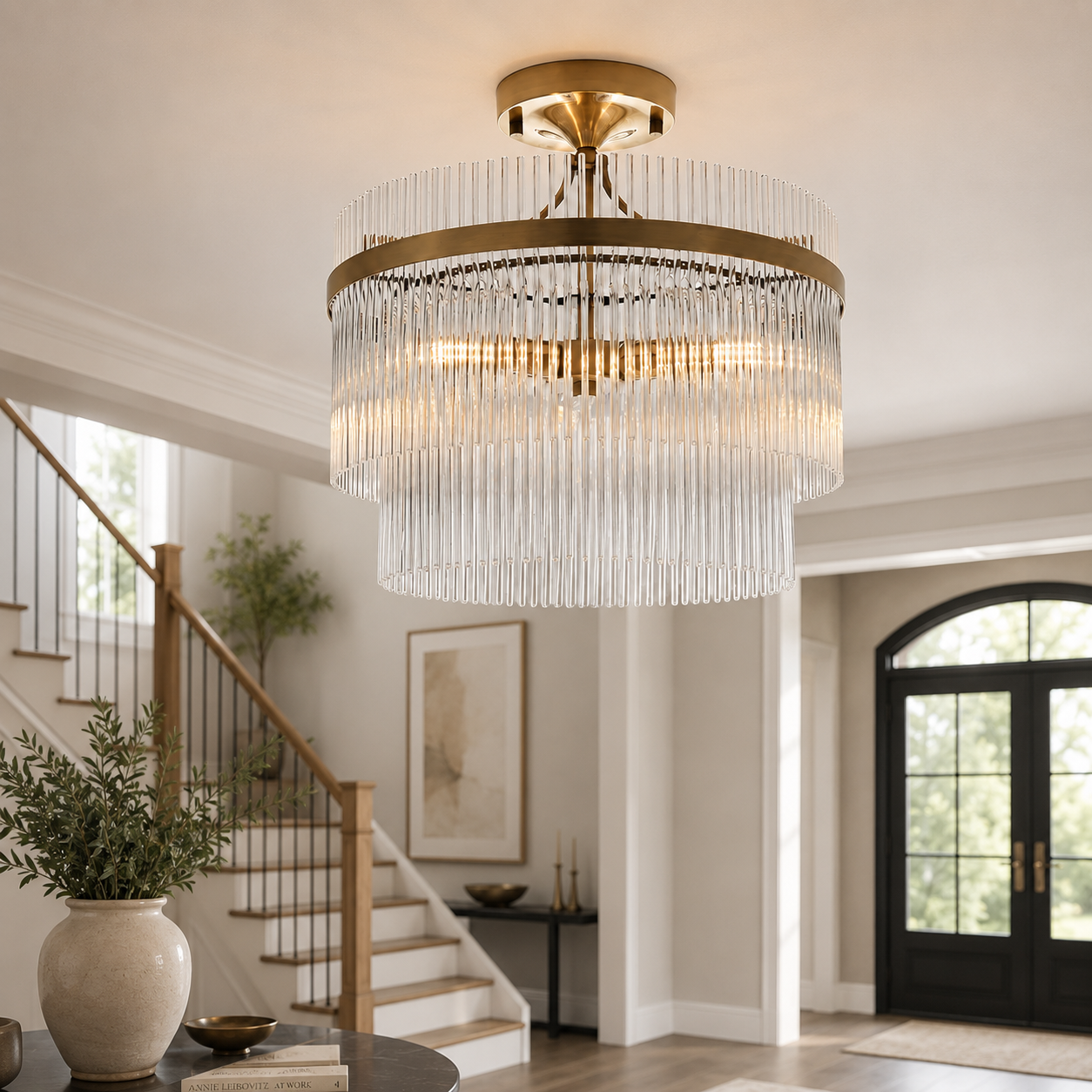 Celia Semi Flush Fitting in Antique Brass with Clear Glass