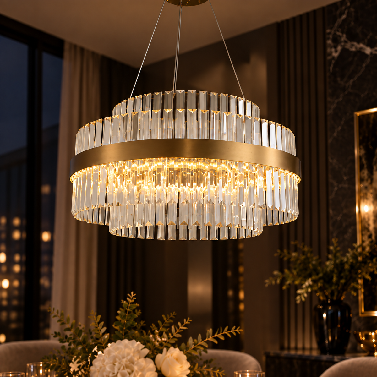 Solene Brass Tiered Crystal LED Chandelier Dimmable Statement Ceiling Light