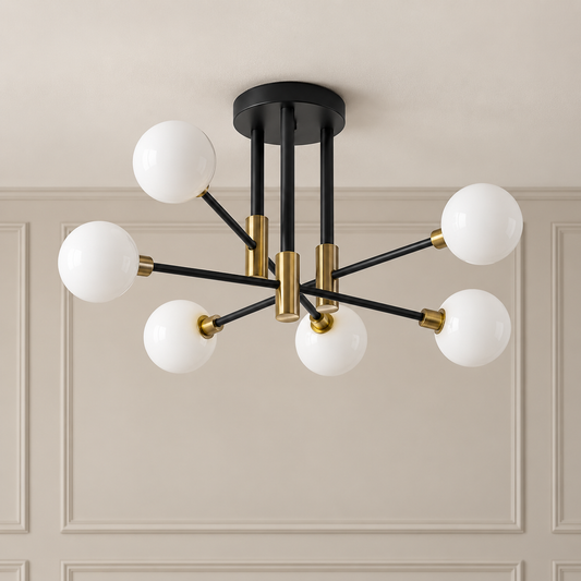 Thea White Glass Semi Flush Ceiling Light 6 Light for Low Ceilings