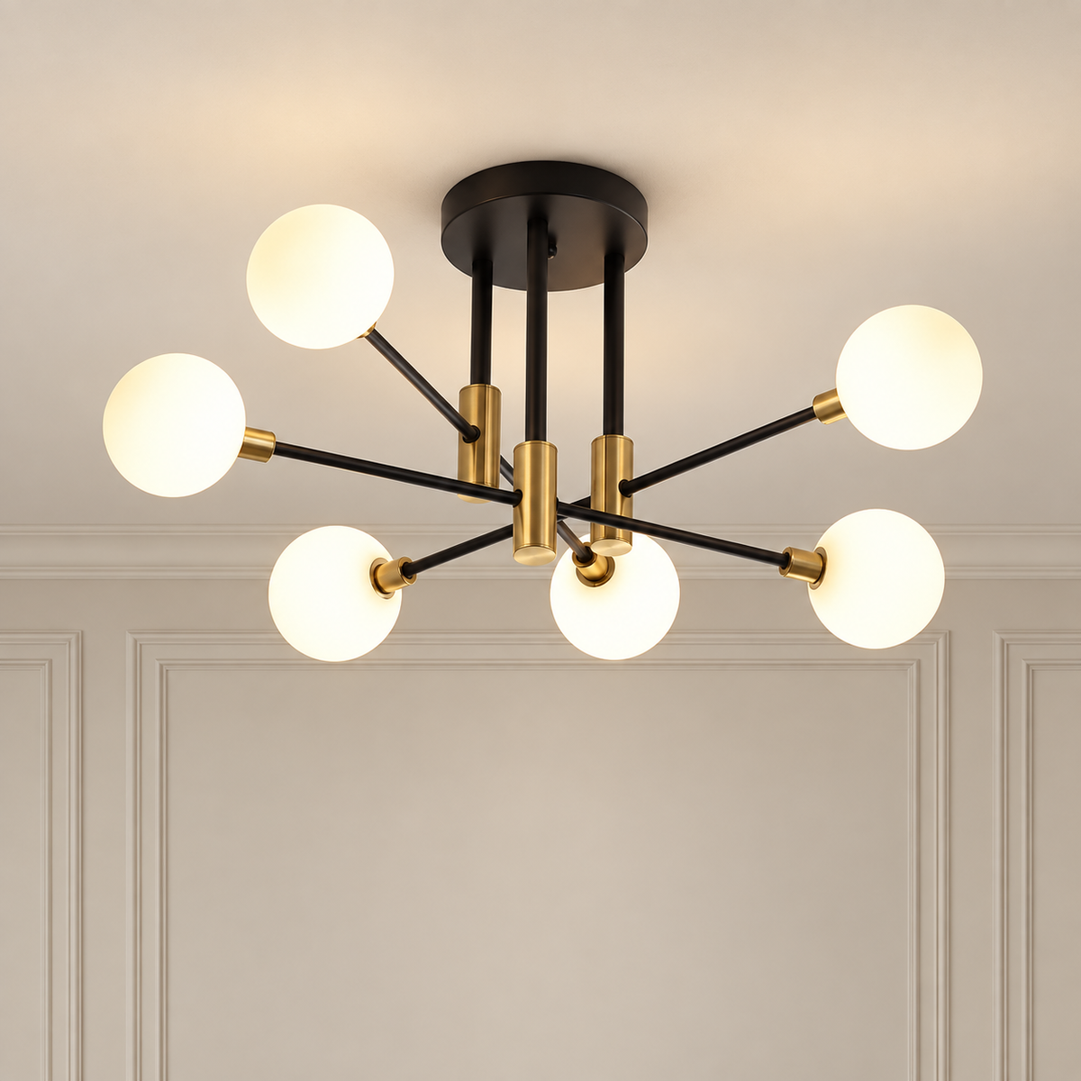 Thea White Glass Semi Flush Ceiling Light 6 Light for Low Ceilings