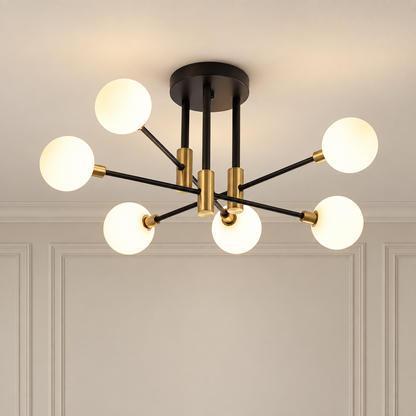Thea White Glass Semi Flush Ceiling Light 6 Light for Low Ceilings