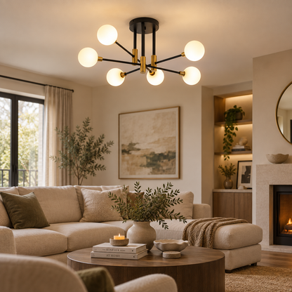 Thea White Glass Semi Flush Ceiling Light 6 Light for Low Ceilings