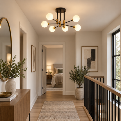Thea White Glass Semi Flush Ceiling Light 6 Light for Low Ceilings