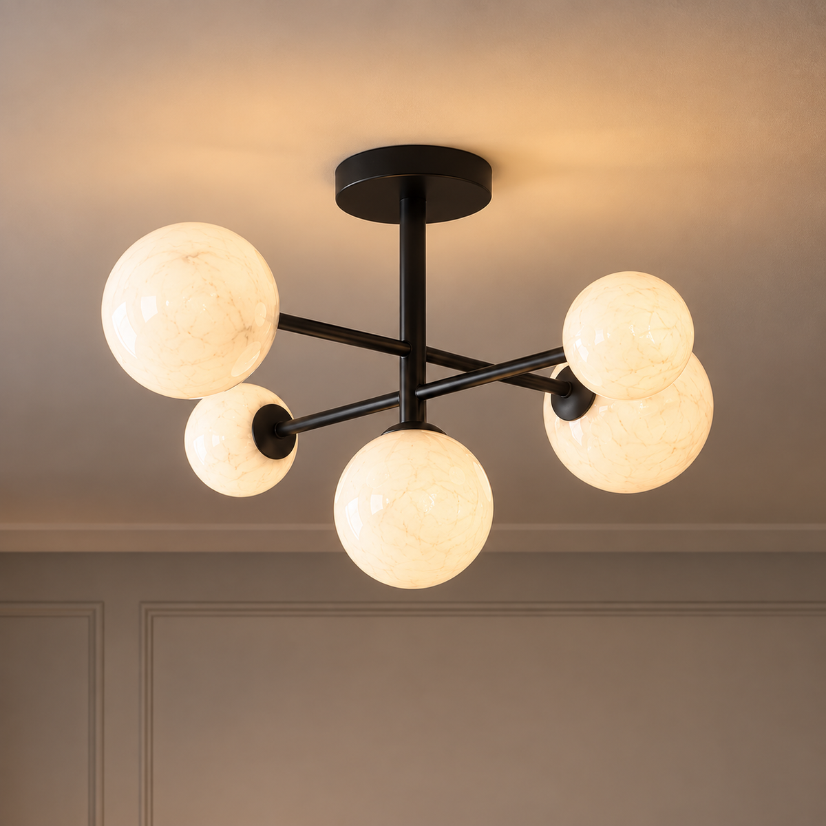 Isla Black Semi Flush Ceiling Light, 5 Light Marble Glass Globes for Low Ceilings