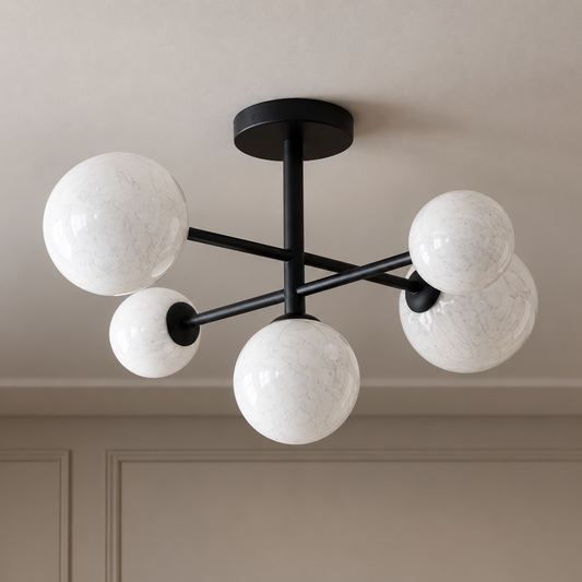 Isla Black Semi Flush Ceiling Light, 5 Light Marble Glass Globes for Low Ceilings