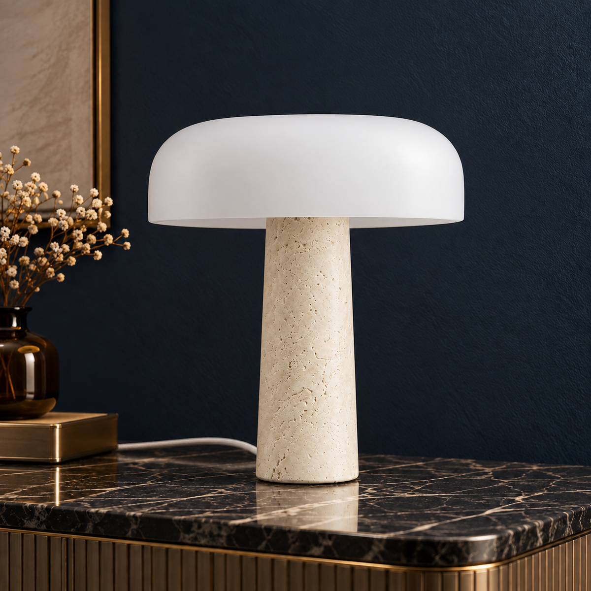 Terra Travertine Table Lamp with White Glass Shade for Sideboards and Bedsides