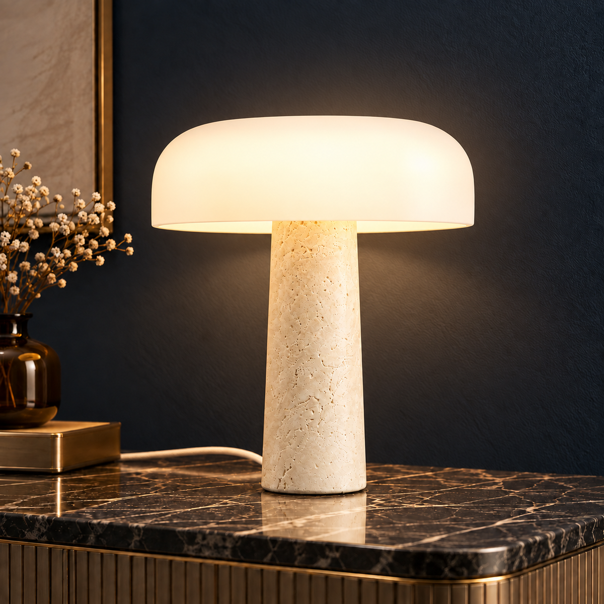 Terra Travertine Table Lamp with White Glass Shade for Sideboards and Bedsides