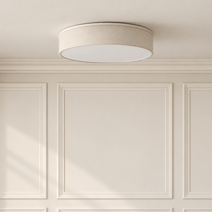 Nola Slim LED Flush Ceiling Light in Beige Fabric for Low Ceilings and Hallways
