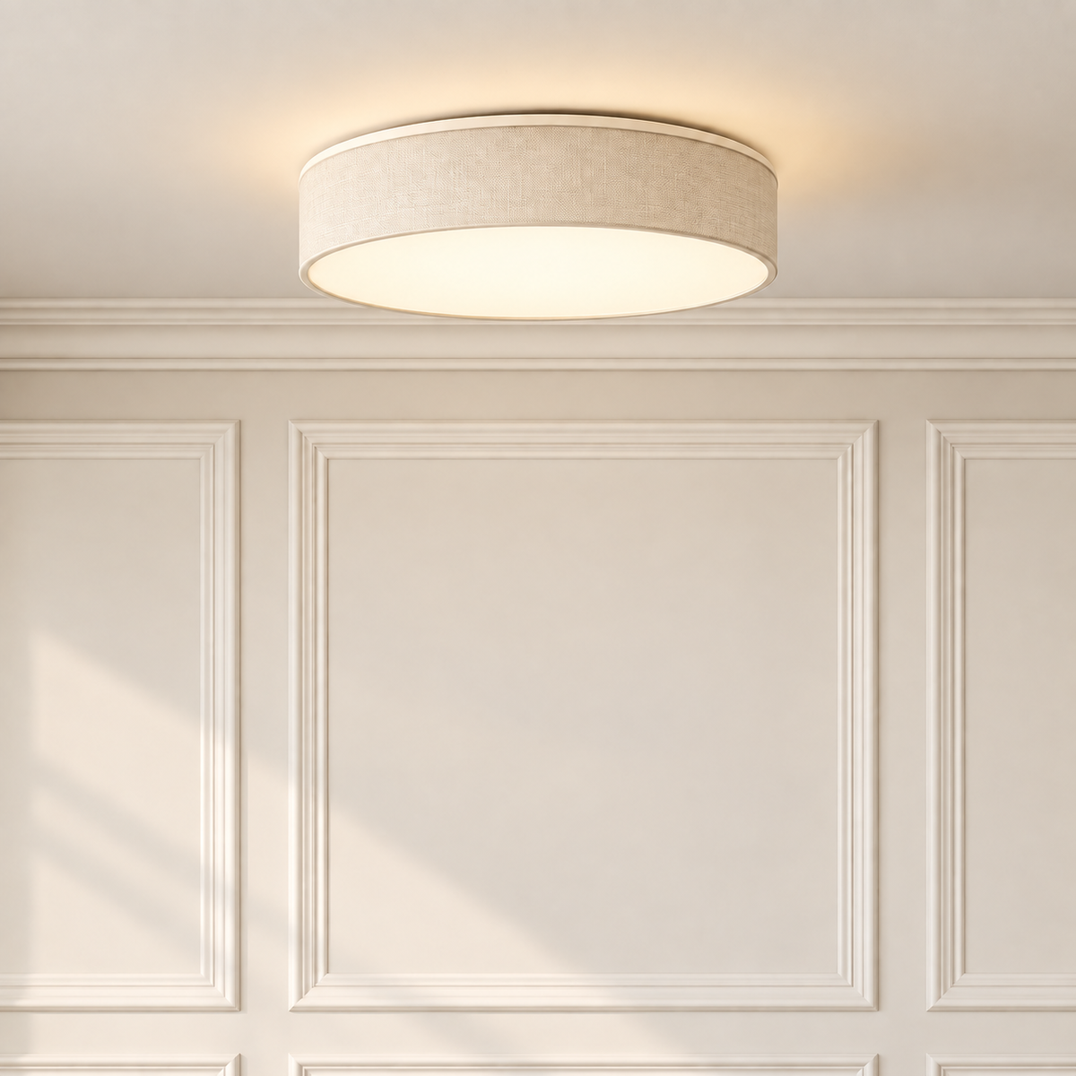 Nola Slim LED Flush Ceiling Light in Beige Fabric for Low Ceilings and Hallways