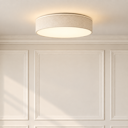 Nola Slim LED Flush Ceiling Light in Beige Fabric for Low Ceilings and Hallways