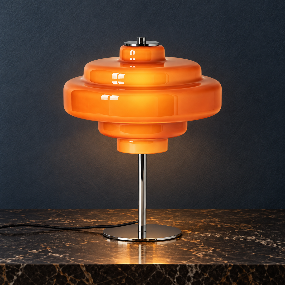 Ember Orange Glass Table Lamp with Silver Frame for Desks and Bedsides