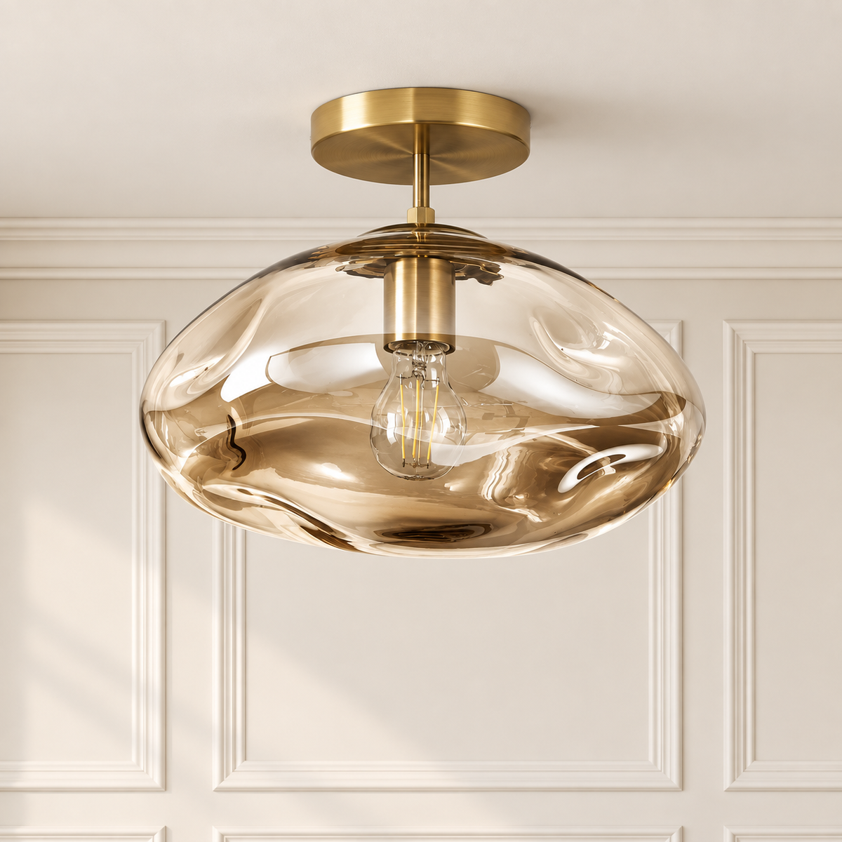Liora Beige Glass Ceiling Light with Brushed Gold Canopy for Hallways and Bedrooms