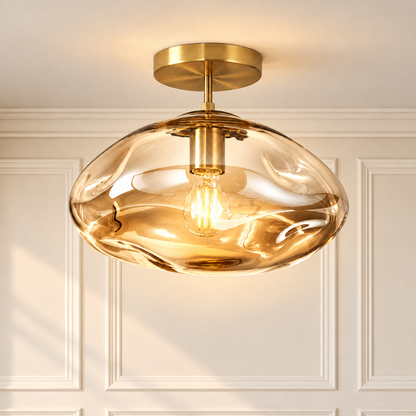 Liora Beige Glass Ceiling Light with Brushed Gold Canopy for Hallways and Bedrooms