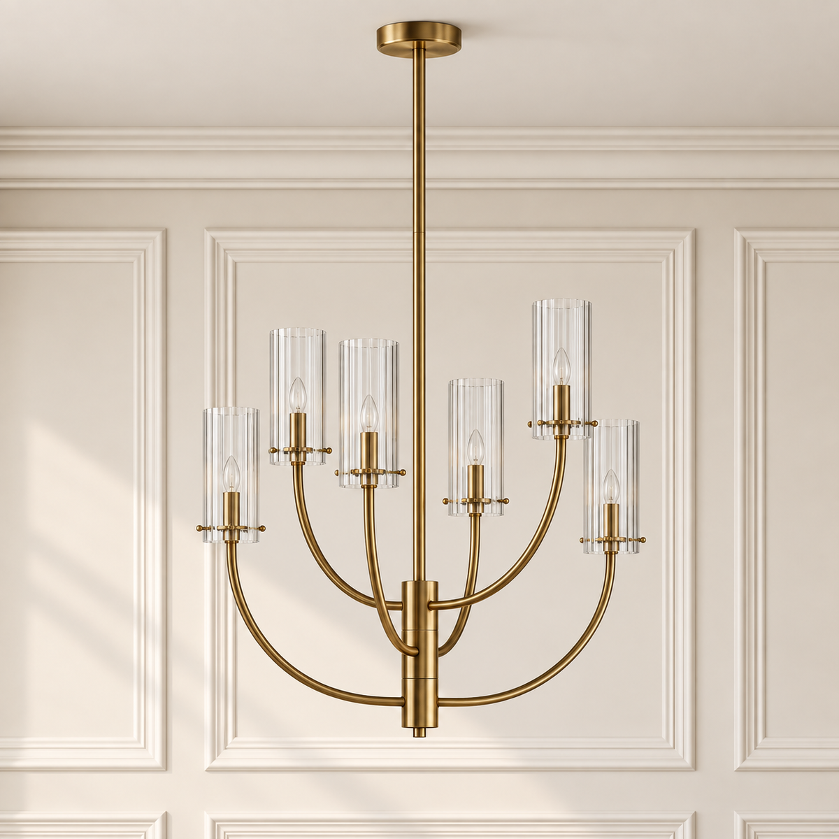 Talia Gold 6 Light Chandelier with Clear Glass Shades and Adjustable Arms for Dining Tables