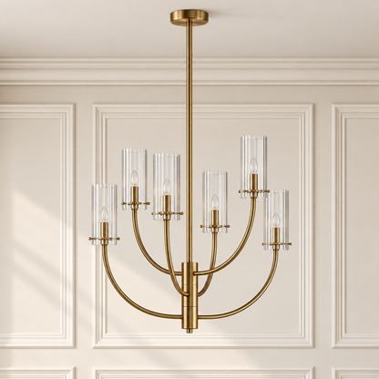 Talia Gold 6 Light Chandelier with Clear Glass Shades and Adjustable Arms for Dining Tables