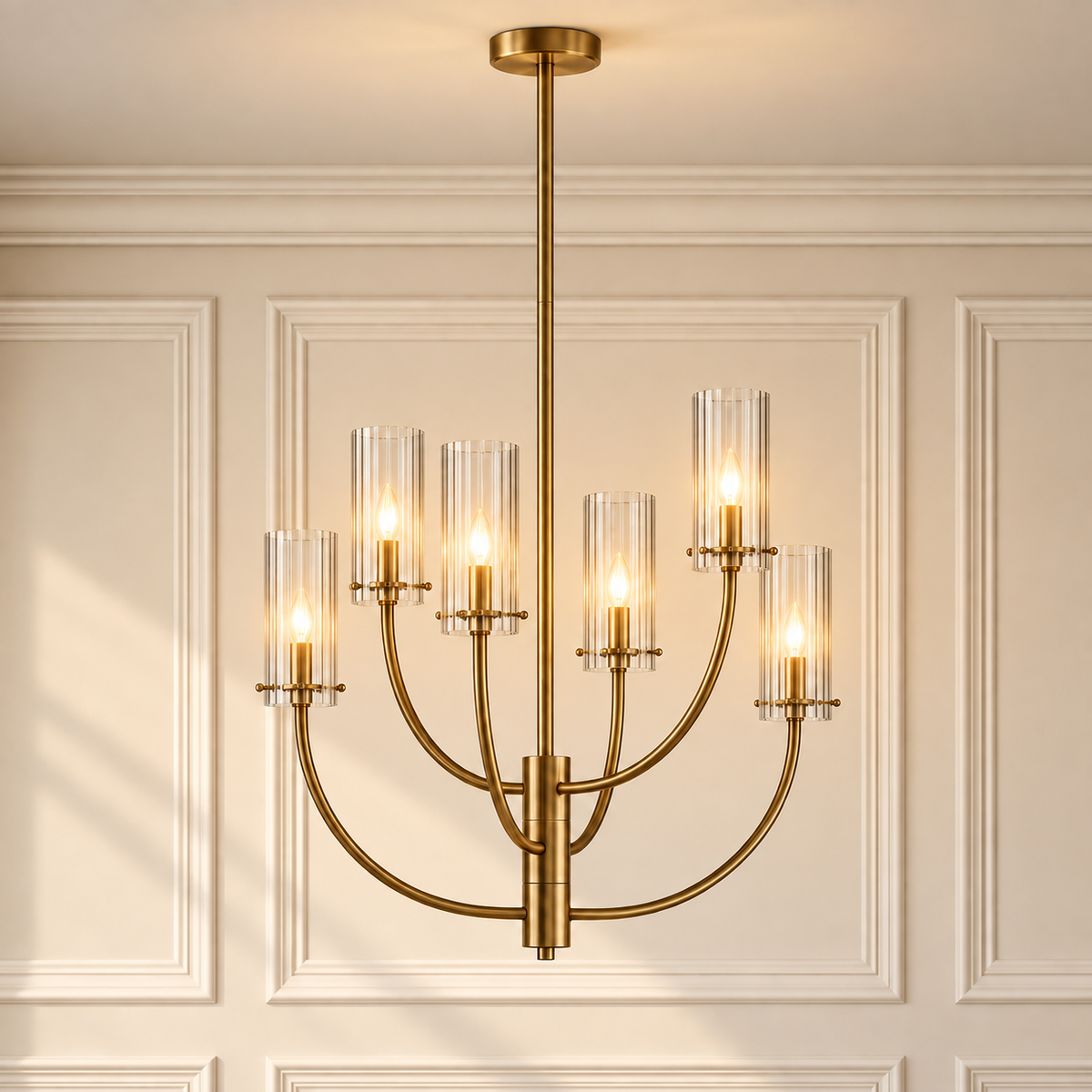 Talia Gold 6 Light Chandelier with Clear Glass Shades and Adjustable Arms for Dining Tables