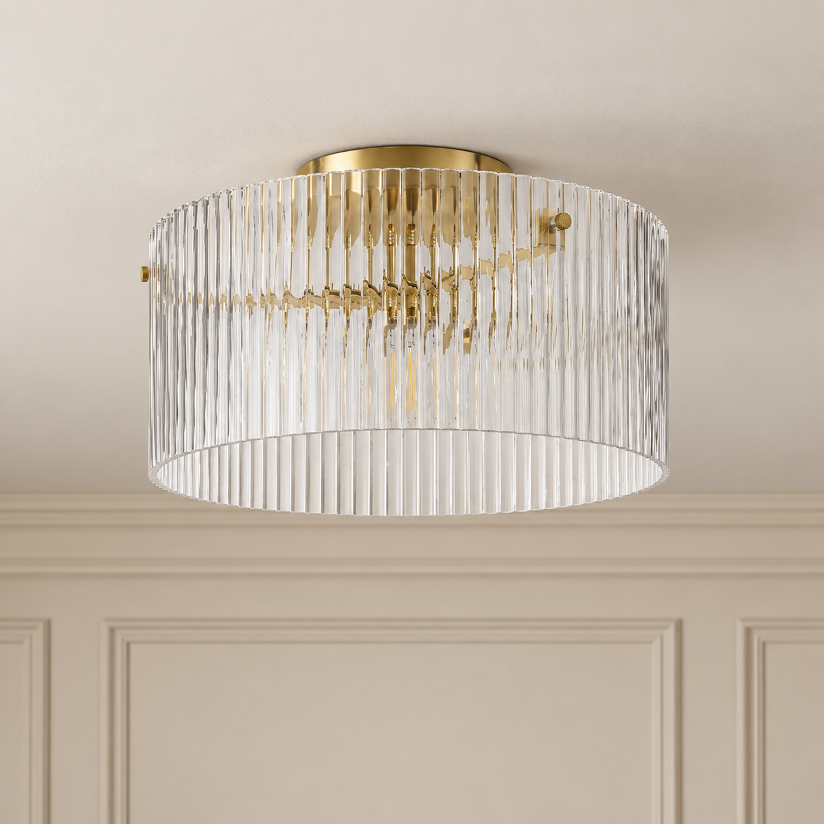 Esme Ribbed Glass Flush Ceiling Light with Gold Canopy for Hallways, Landings and Kitchens