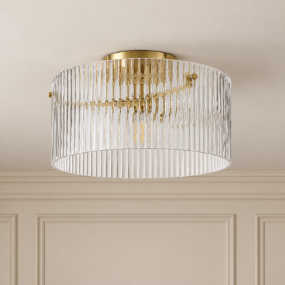 Esme Ribbed Glass Flush Ceiling Light with Gold Canopy for Hallways, Landings and Kitchens