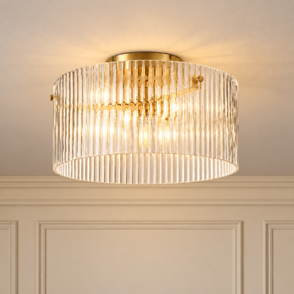 Esme Ribbed Glass Flush Ceiling Light with Gold Canopy for Hallways, Landings and Kitchens