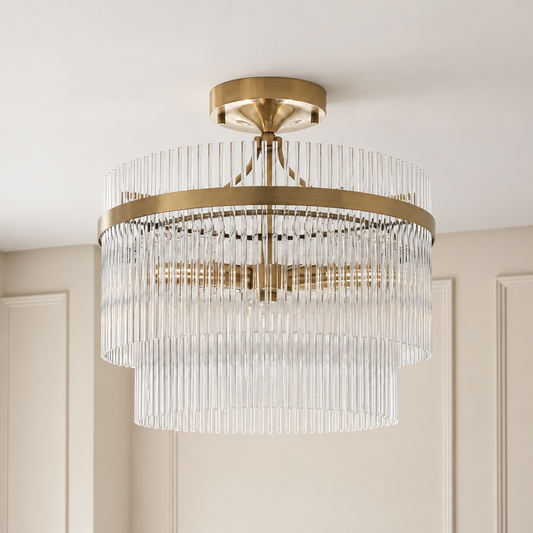 Celia Antique Brass Semi Flush Ceiling Light with Clear Glass