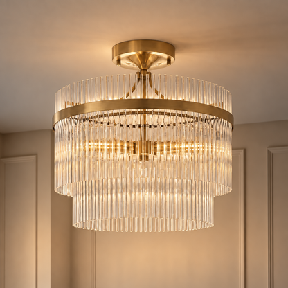 Celia Antique Brass Semi Flush Ceiling Light with Clear Glass