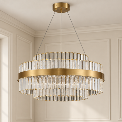 Solene Brass Tiered Crystal LED Chandelier Dimmable Statement Ceiling Light