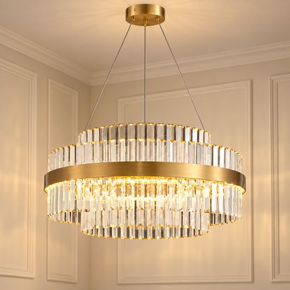 Solene Brass Tiered Crystal LED Chandelier Dimmable Statement Ceiling Light