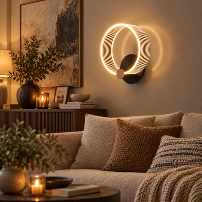 Orla Black and Gold LED Circle Wall Light for Bedsides and Hallways