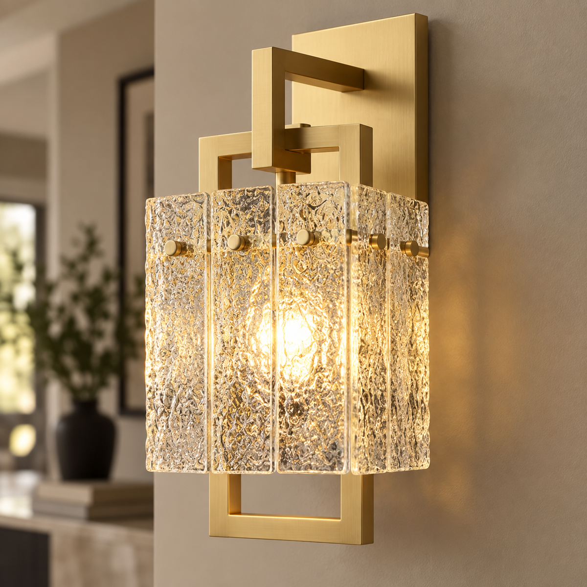 Wren Brass Wall Light with Ripple Glass Shade for Bedrooms and Hallways