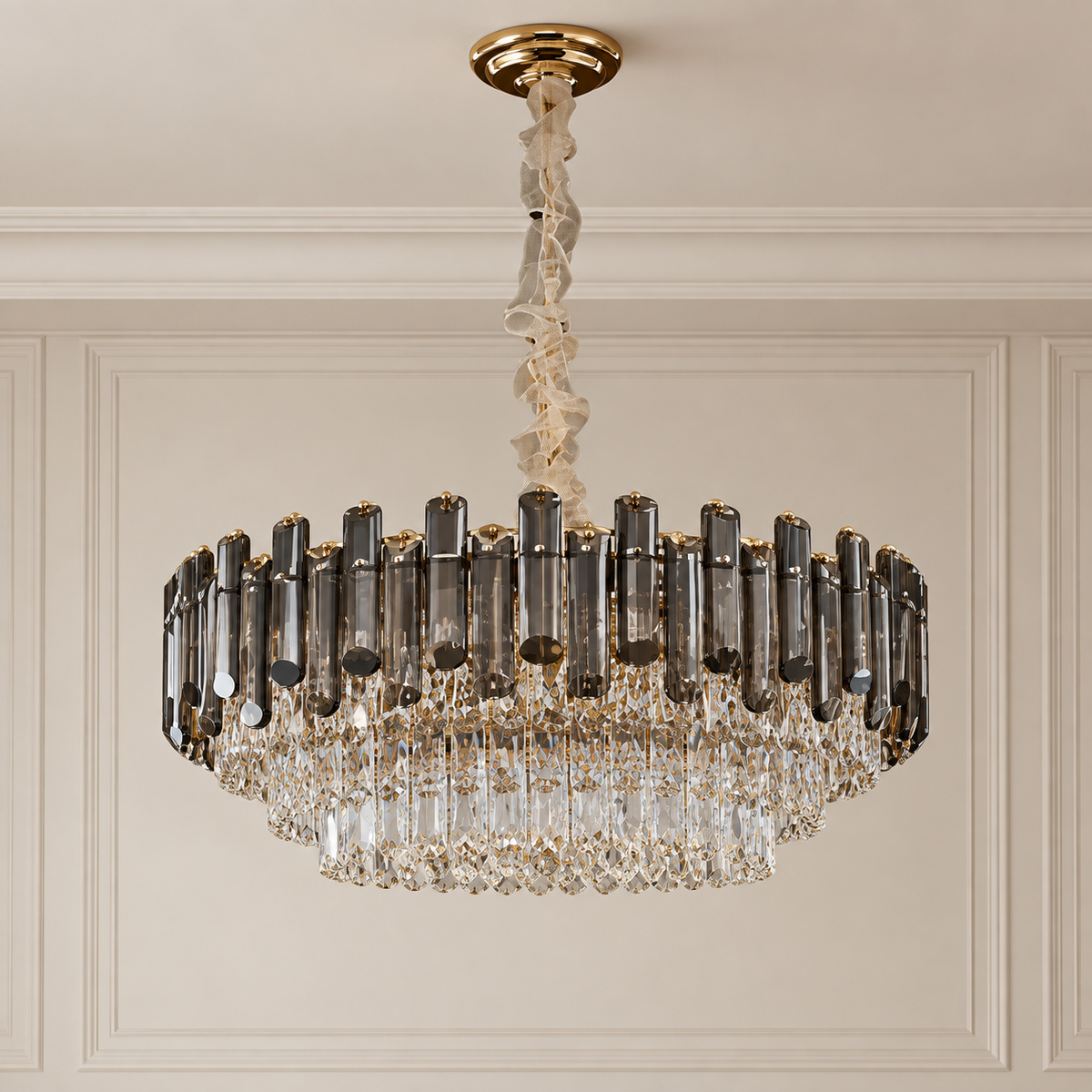 Aveline Gold Drum Crystal Chandelier for Dining Rooms and Living Rooms