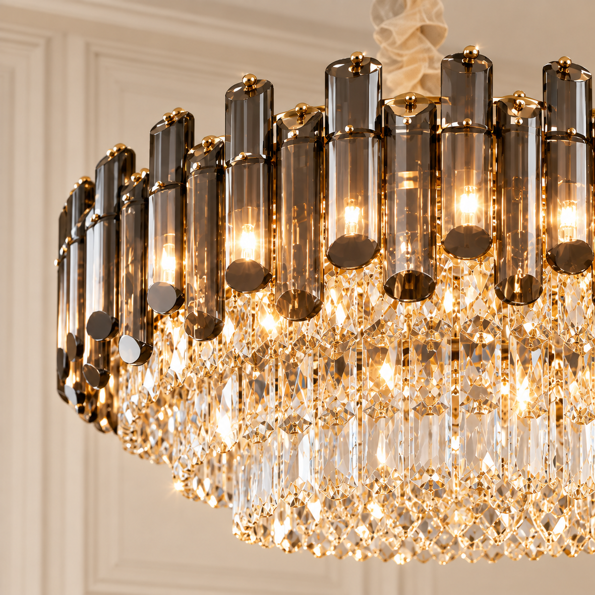 Aveline Gold Drum Crystal Chandelier for Dining Rooms and Living Rooms