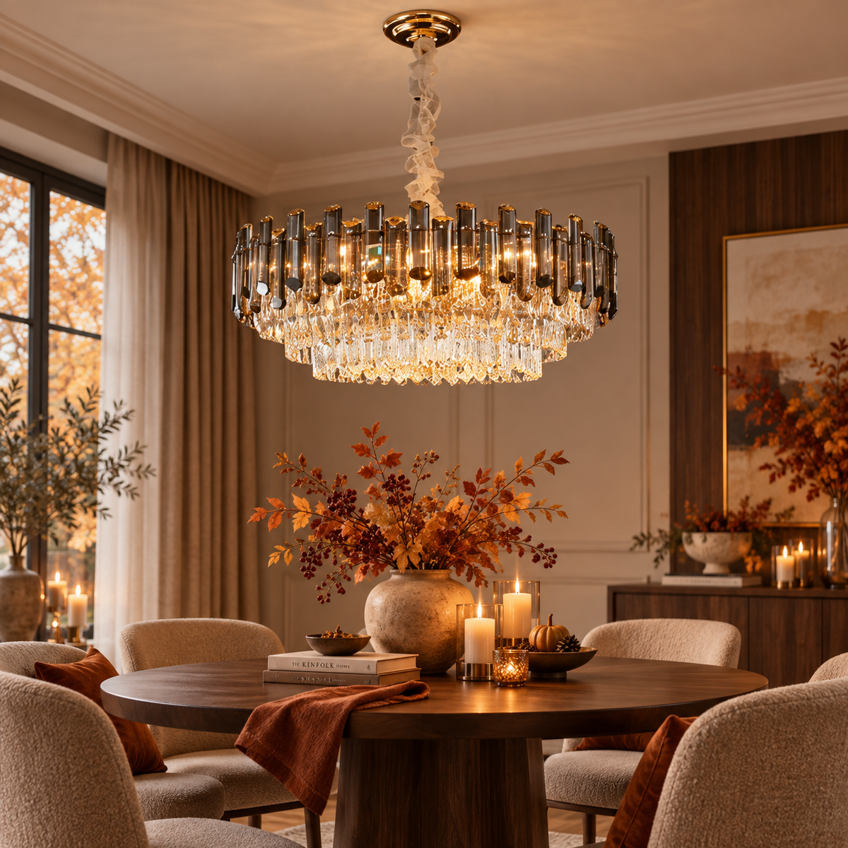 Aveline Gold Drum Crystal Chandelier for Dining Rooms and Living Rooms