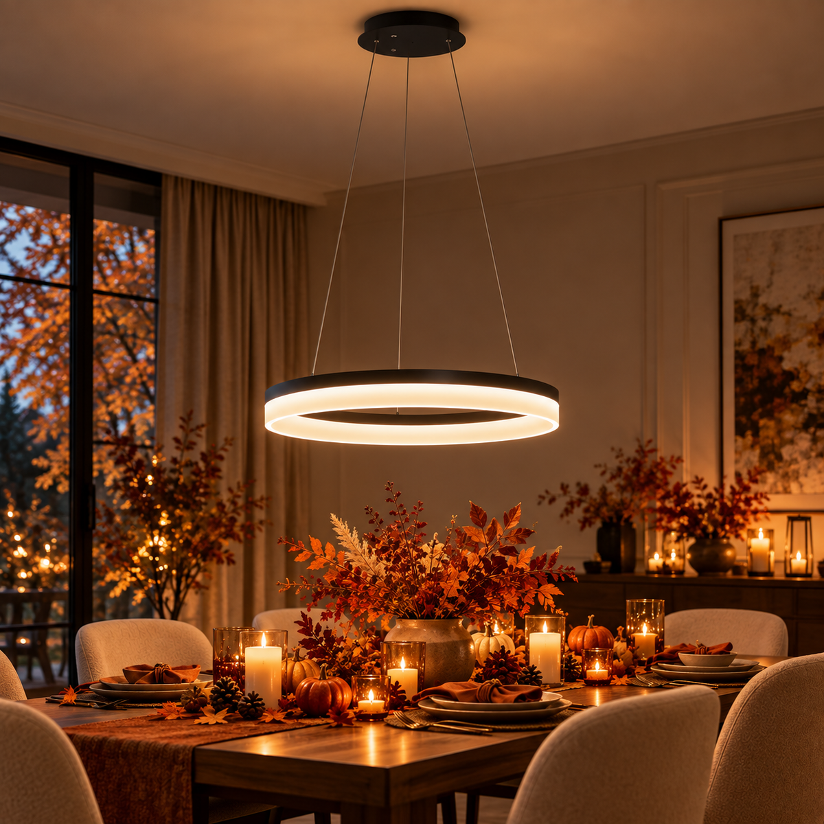 Rhea Black LED Ring Pendant Light Dimmable with Remote for Dining Tables and Kitchens