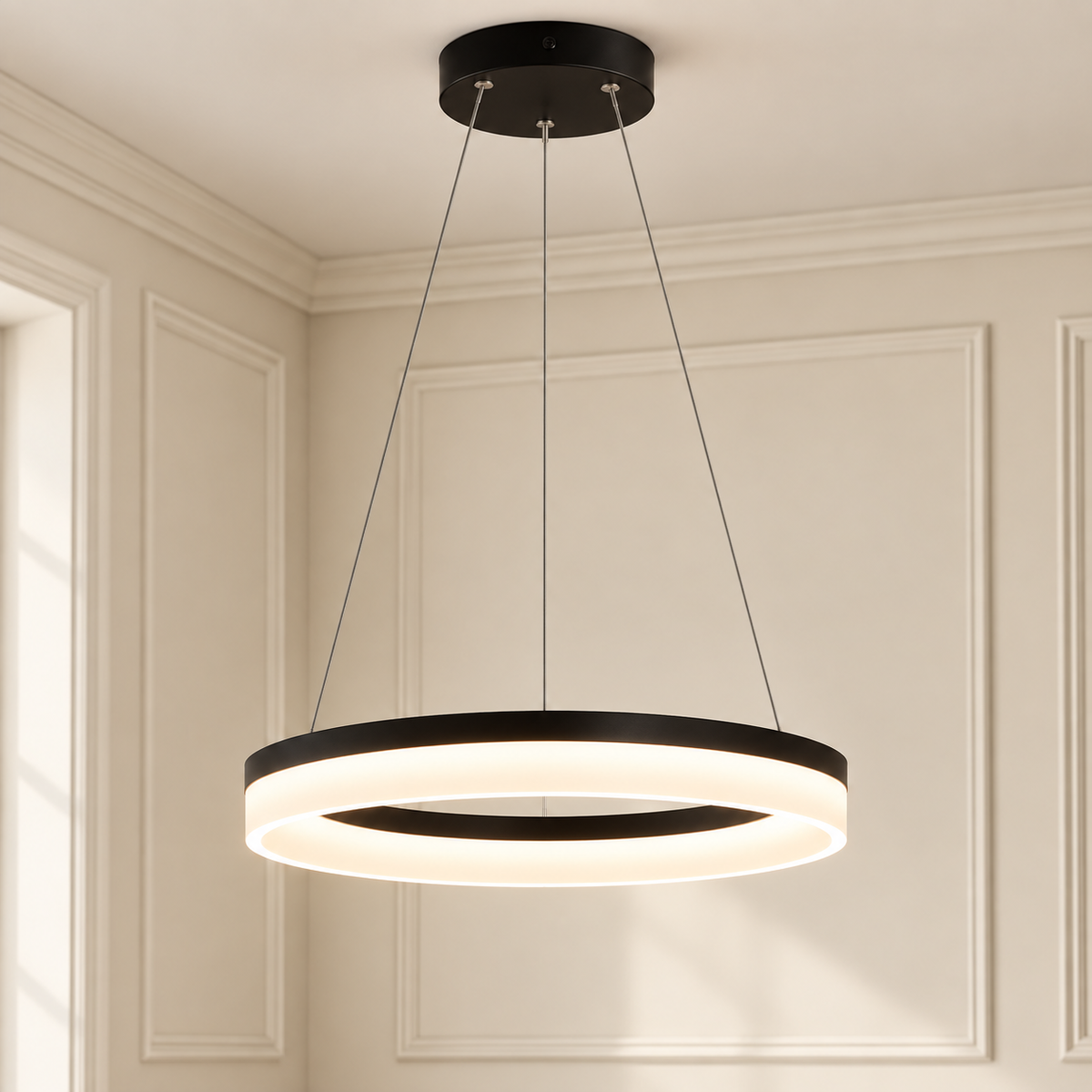 Rhea Black LED Ring Pendant Light Dimmable with Remote for Dining Tables and Kitchens