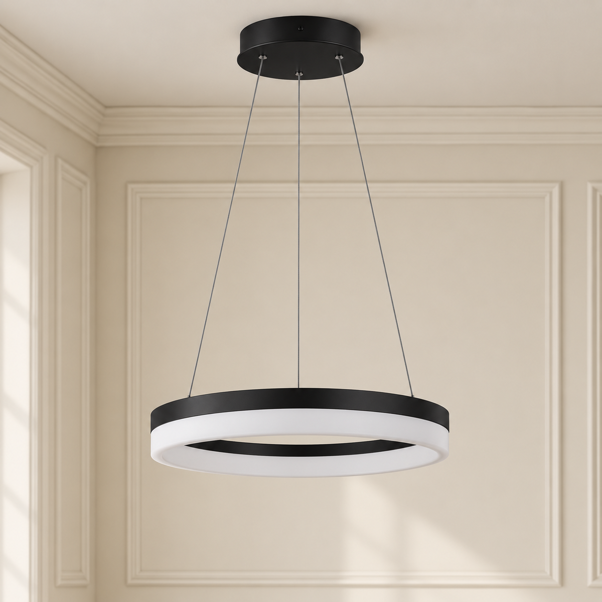 Rhea Black LED Ring Pendant Light Dimmable with Remote for Dining Tables and Kitchens