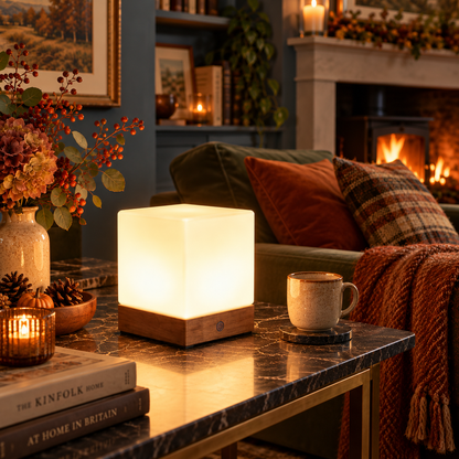 Cubo Wooden Cube LED Table Lamp, Cordless and Rechargeable with Touch and Remote
