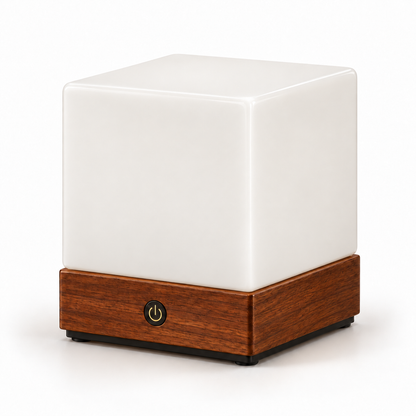 Cubo Wooden Cube LED Table Lamp, Cordless and Rechargeable with Touch and Remote