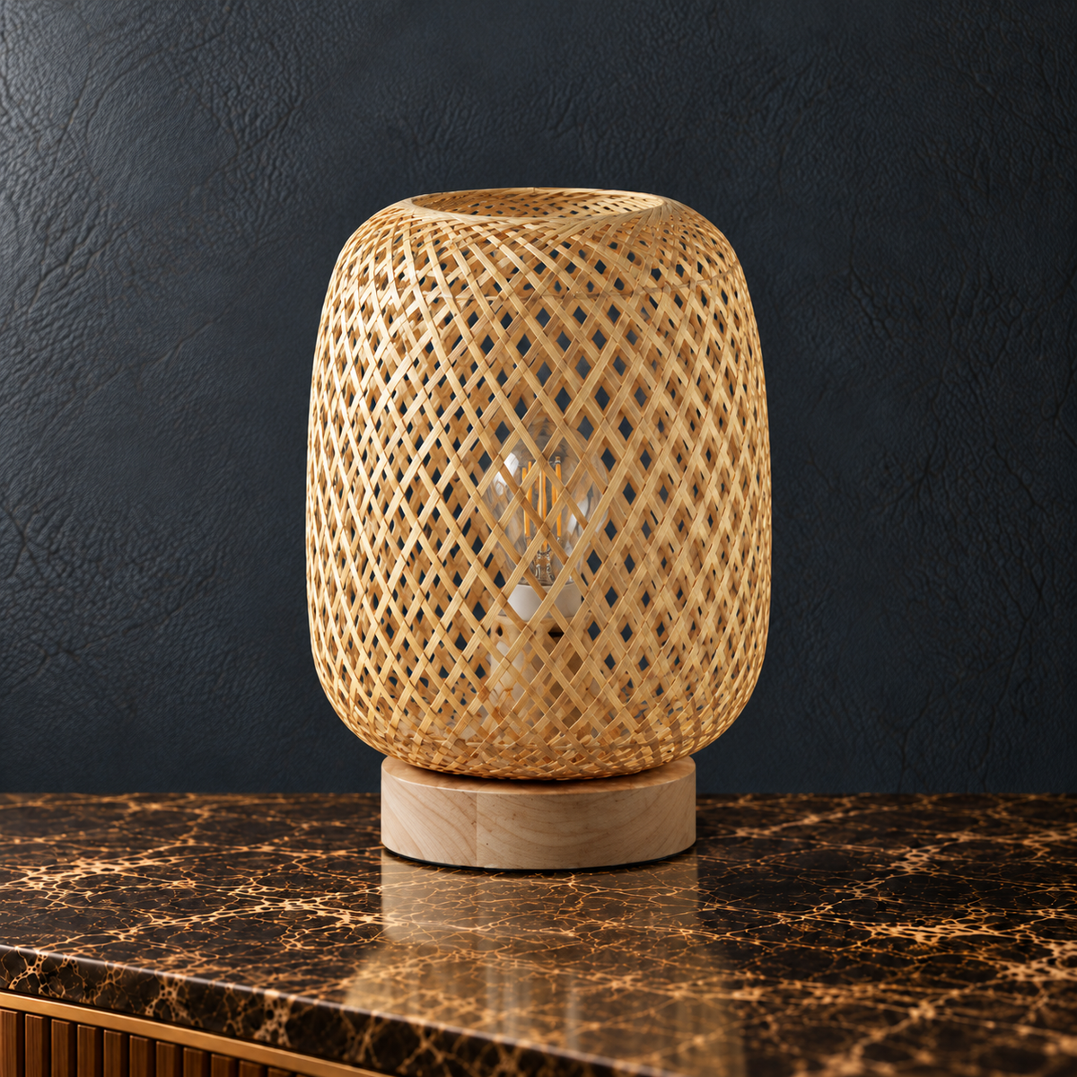 Kaya Natural Rattan Table Lamp with Wooden Base for Bedsides and Living Rooms