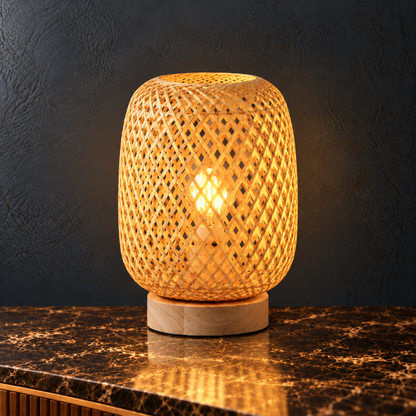 Kaya Natural Rattan Table Lamp with Wooden Base for Bedsides and Living Rooms
