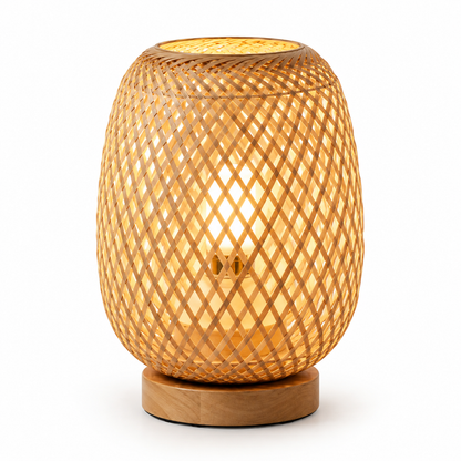 Kaya Natural Rattan Table Lamp with Wooden Base for Bedsides and Living Rooms