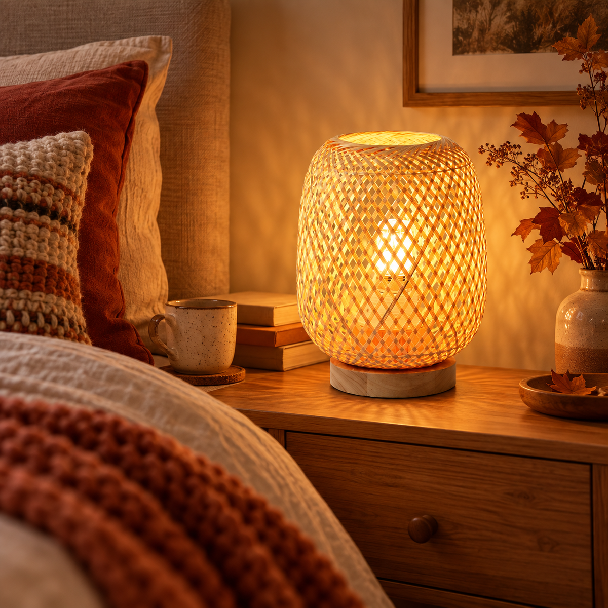 Kaya Natural Rattan Table Lamp with Wooden Base for Bedsides and Living Rooms