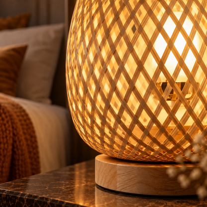 Kaya Natural Rattan Table Lamp with Wooden Base for Bedsides and Living Rooms