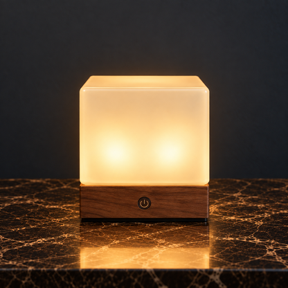 Cubo Wooden Cube LED Table Lamp, Cordless and Rechargeable with Touch and Remote