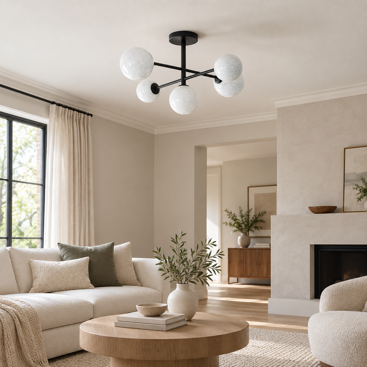 Isla Black Semi Flush Ceiling Light, 5 Light Marble Glass Globes for Low Ceilings