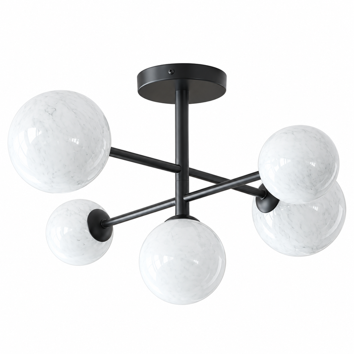 Isla Black Semi Flush Ceiling Light, 5 Light Marble Glass Globes for Low Ceilings
