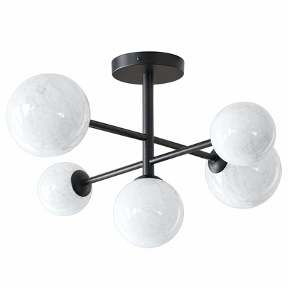 Isla Black Semi Flush Ceiling Light, 5 Light Marble Glass Globes for Low Ceilings
