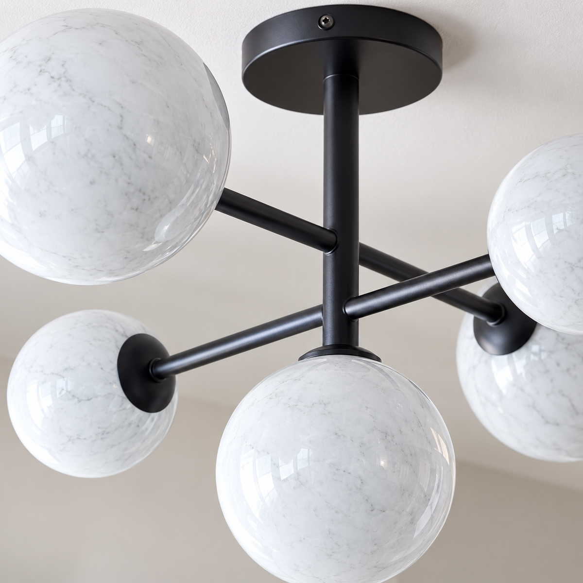 Isla Black Semi Flush Ceiling Light, 5 Light Marble Glass Globes for Low Ceilings