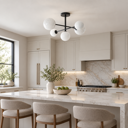 Isla Black Semi Flush Ceiling Light, 5 Light Marble Glass Globes for Low Ceilings