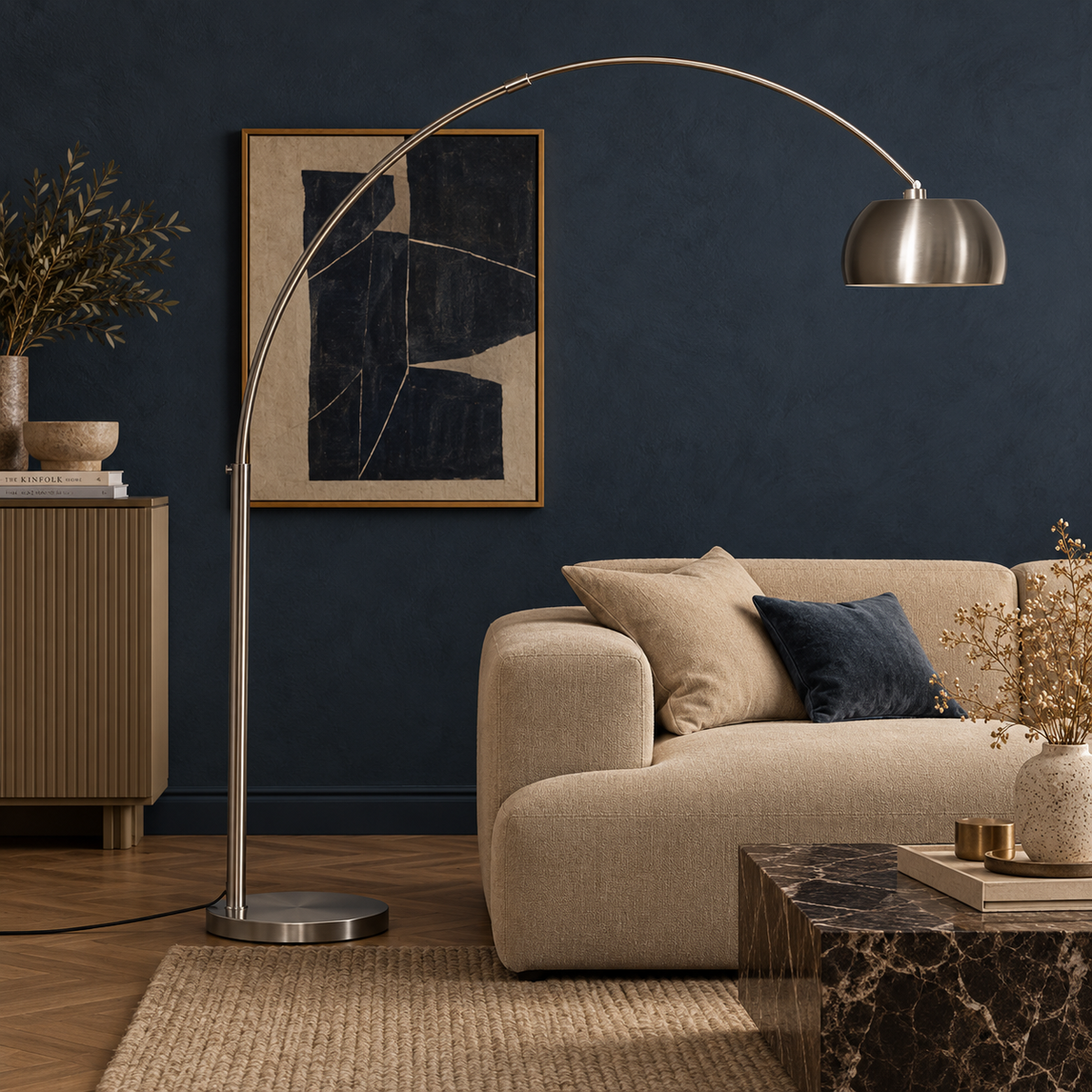 Arden Black Arc Floor Lamp with Dome Shade for Sofas and Reading Corners