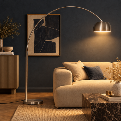 Arden Black Arc Floor Lamp with Dome Shade for Sofas and Reading Corners